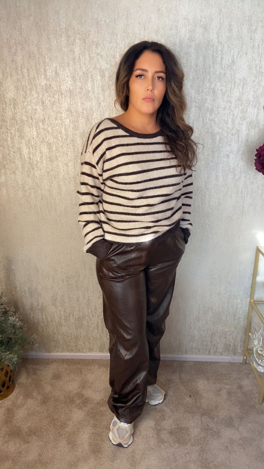 Gestreepte trui met strik beige